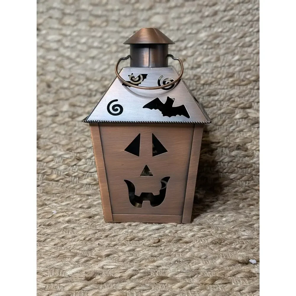 Halloween Lantern Tea Light Holder Metal Bronze Toned Pumpkin Bats